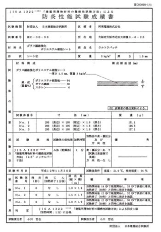 「建築用薄物材料の燃焼性試験方法」による防炎１級による合格